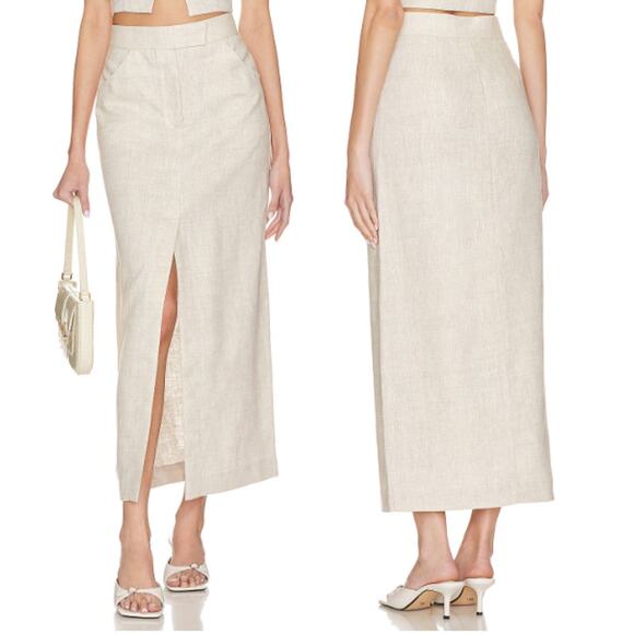 NWT L'Academie Orsina Linen High Waisted Slit Maxi Skirt Natural Women's Size S